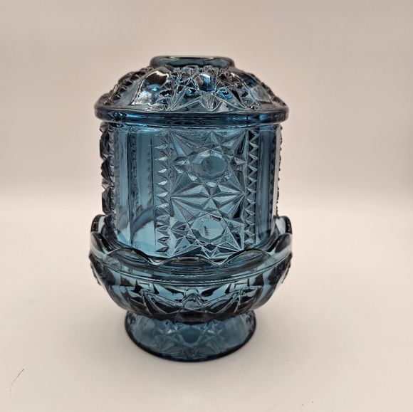 Vintage Indiana Glass Stars & Bars Blue Fairy Lamp Candle Holder 6.5" Original - Picture 1 of 7